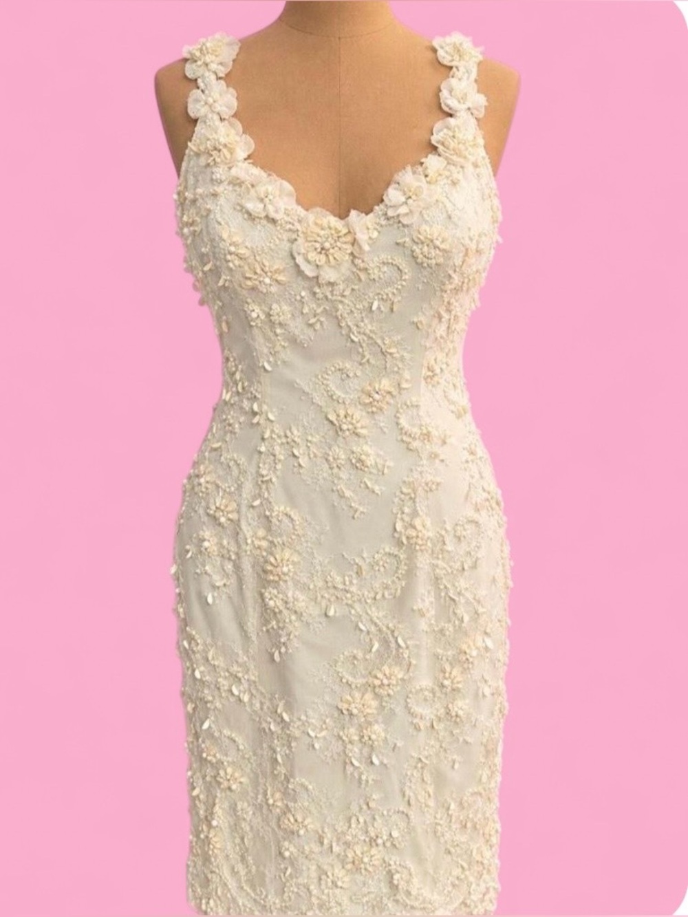 Badgley Mischka 3D Floral Lace Beaded Midi Dress Ivory Size 10